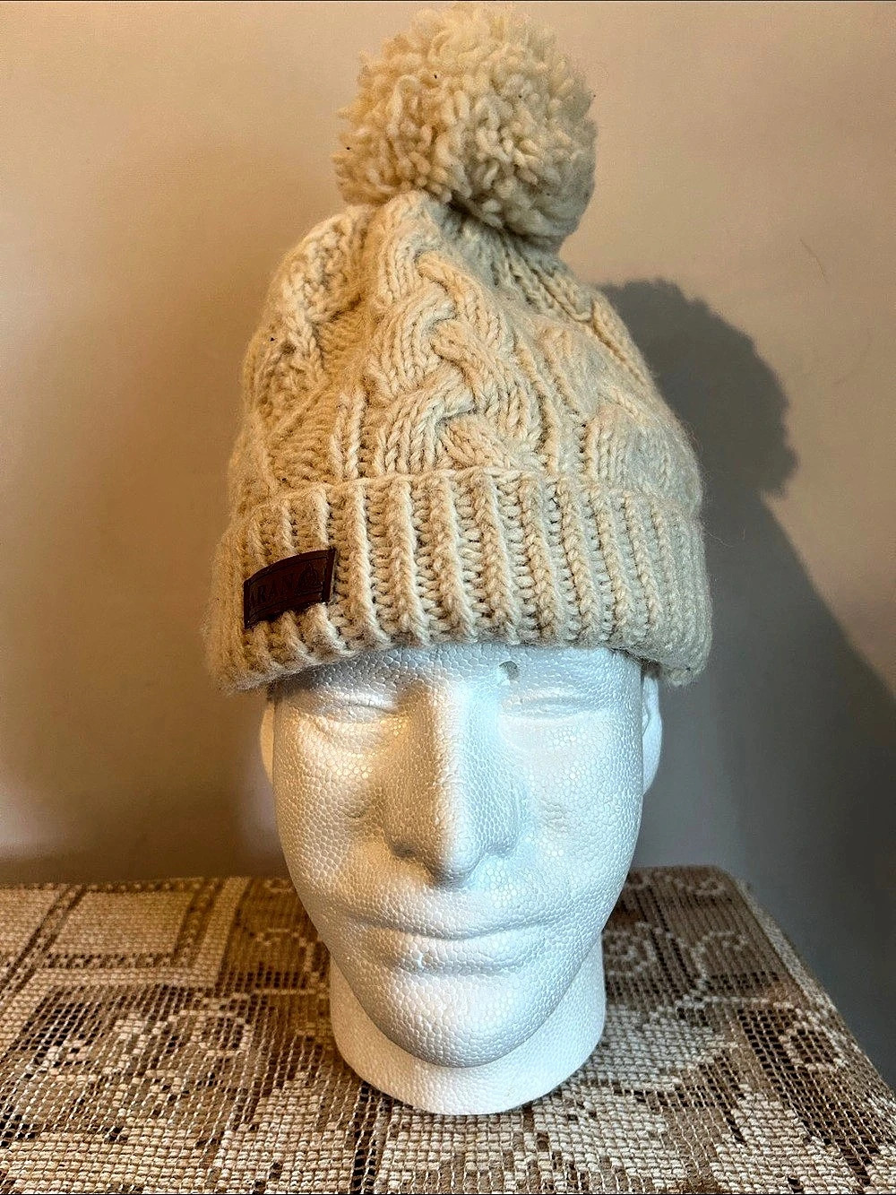 Aran Wool Sweater Market Cable Knit Pom Hat in Cream Like New